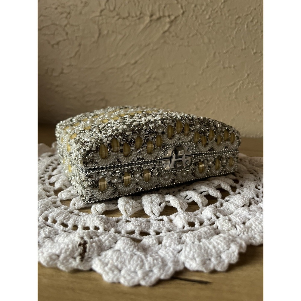 Vintage Beaded Jewelry Box White Faux Pearl Amber Accents Velvet Lined Keepsake